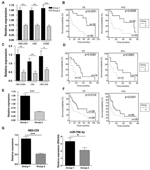 Figure 5. Prognostic impact of snoRNA signatures in non-ALCL PTCL subtypes. (A) HBII-239, U90, and U59b relative expression in AITL-overexpressing patients (group 1) and other patients (group 2) compared with the median expression in all AITL patients. (B) OS and PFS Kaplan-Meier analysis of group 2. (C) Relative expression of HBII-438A, U80, and HBII-239 in PTCL-NOS–overexpressing patients (group 1) and other patients (group 2) compared with the median expression in all PTCL-NOS samples. (D) OS and PFS Kaplan-Meier analysis of group 2. (E) HBII-239 relative expression in all non-ALCL PTCL patients compared with the median expression. (F) OS and PFS Kaplan-Meier analysis in HBII-239–overexpressing patients (group 1) and other patients (group 2). (G) HBII-239 and HBII-239–processed miRNA (has-miRNA-768-3p) relative expression in 37 randomly selected non-ALCL PTCL patients. *P < .05; **P < .01; ***P < .001.