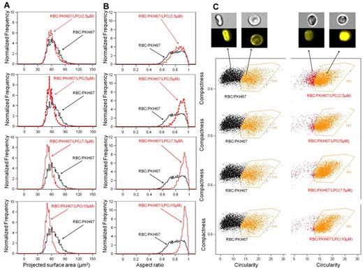 Figure 1. Effects of LPC treatment on RBC membrane surface area and cell morphology. Analysis of RBC dimension, morphology, and morphologic homogeneity using ImageStream technology. There is a dose-dependent shift toward lower values of the distribution of RBC membrane surface area (A), whereas the aspect ratio (sphericity; B) increased with increasing concentrations of LPC. (C) The RBC populations are morphologically homogenous even at low LPC concentrations, as characterized by the RBC distribution shifting as a whole. RBCs with a circular shape in the control group did not correspond to spherical cells, but were instead discocytes, because the images were captured face on.