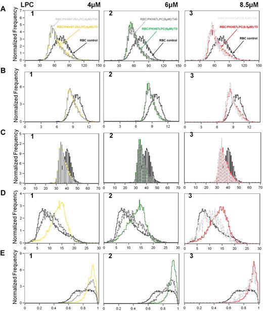 Figure 4. Adaptation and survival of RBCs with reduced surface area and S/V ratio during the isolated-human spleen perfusion. Dimension (A-C) and morphology (D-E) analysis of LPC-treated RBCs before (T0) and 40 minutes (T40) after the start of the perfusion. Projected surface area (A), diameters (B), and perimeters (C) of LPC-treated RBCs were similar between T0 and T40, and all were significantly lower than that of untreated RBCs. Shifts toward normal values of the circularity (D) and the aspect ratio or sphericity (E) of LPC-treated RBCs at T40. See also supplemental Figure 3 for the deformability profile of LPC-treated RBC populations before and the kinetics of their clearance during 60 minutes of spleen perfusion. Projected surface area is in square micrometers; diameter and perimeter are in micrometers. One of 3 representative experiments is shown.