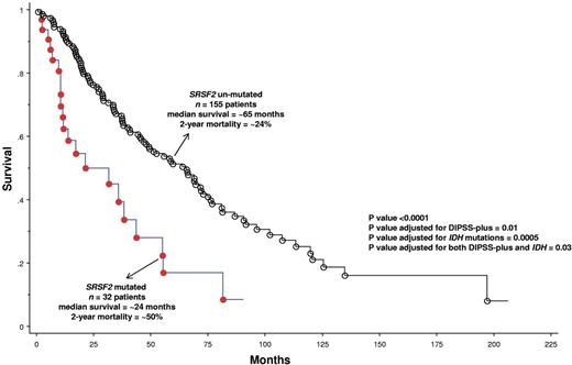 Figure 1. Overall survival of 187 patients with PMF (median survival = 55 months; 2-year mortality = 28%) stratified by the presence or absence of SRSF2 mutations.