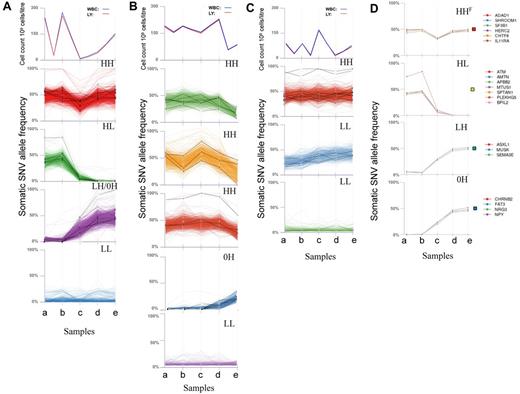 Figure 1. Genome-wide clustering reveals changes in mutation profiles. (A-C) Grouping of somatic mutation profiles for all single nucleotide variants (SNVs). Absolute white blood cell (WBC) and lymphocyte (LY) counts are shown at the top of each figure. The bottom panels show genome-wide SNV frequencies plotted against the 5 time points. Mutation profiles for coding genes are shown as black lines. (A) CLL003; a indicates before chlorambucil; b, before fludarabine, cyclophosphamide, rituximab; c, immediately after 6 cycles of fludarabine, cyclophosphamide, rituximab; d, before ofatumumab; and e, after ofatumumab. Coding mutations: red plot SLC9A11, NLRP3, SF3B1, ADAD1, IL11RA, TRIM58, HERC2, RPGRIP1, MUC16, SHROOM1; green plot ATM, PLEKHG5, NFATC1, FCGBP, BPIL2, AMTN, MTUS1, SPTAN1; purple plot SLITRK4, SEMA3E, ASXL1, MUSK, NPY, CHRNB2, ZNF534, FAT3; and blue plot: noncoding mutations only. (B) CLL077; a indicates before chlorambucil; b, before fludarabine, cyclophosphamide; c, immediately after 4 cycles of fludarabine, cyclophosphamide; d, before ofatumumab; and e, relapse 9 months after ofatumumab. Coding mutations: green plot: OCA2, SLC12A1, PLA2G16, DAZAP1, EXOC6B, LRRC16A; orange plot: NAMPTL, BCL2L13, GHDC; red plot: SAMHD1, IRF2BP2, GPR158; blue plot: MAP2K1, ZFHX4, HMCN1, DDX1, KLHDC2, NOD1, ZNF566, COL24A1; and purple plot: noncoding mutations only. (C) CLL006; a indicates before fludarabine, cyclophosphamide; b, before Rituximab; c, before Ofatmumab; d, immediately after Ofatumumab; and e, relapse 12 months after Ofatumumab. Coding mutations: red plot: MED12, KLHL4, CNOT7, SLK1, U2AF1, C3orf43, PILRB, ARHGAP29, KIAA0182, MAP4, TMPRSS9; blue plot: PCLO, IRF4, LRRC37B, KIAA0319L; and green plot: RBPJ. (D) Mutation profiles based on deep sequencing in patient CLL003. Colored boxes to the right of each plot indicate mutation profile type (HHF indicates red box, HL, yellow box, LH, green box, and 0H, blue box). See supplemental Table 5.