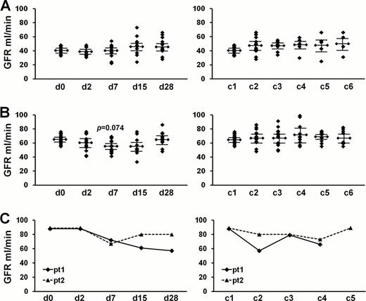 Figure 2. Kinetics of GFR in patients with moderate (A), mild (B) and no (C) RI.