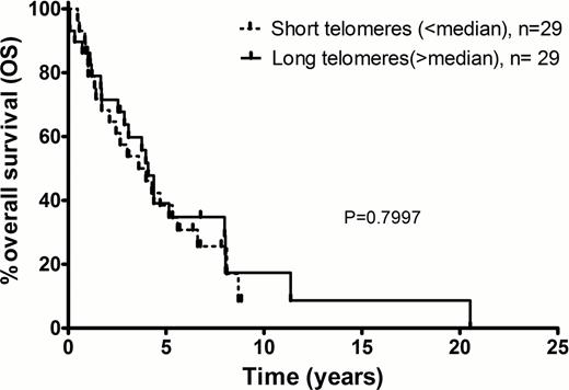 Figure 2:. Overall survival in the short (<median) and long telomere (>median) subgroups (median 48 vs. 50 months, P=0.7997).