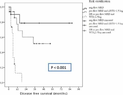 Fig. 1. Patients in CR after induction: DFS according to baseline biological parameters (HR stand for high risk profile) and MRD assessment. See text for details