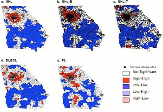 Figure. LISA cluster maps of spatial Empirical Bayes smoothed standardized incidence ratios.