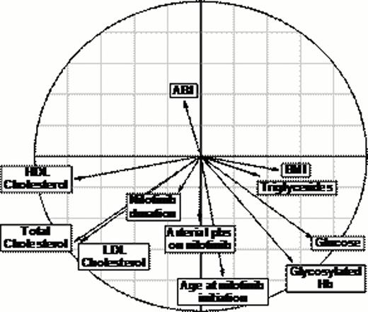 Figure 1:. Correlation circle for the different parameters studied (“Hb” states for Hemoglobin, “pbs” for problems, “ABI” for ankle-brachial index, “BMI” for body mass index).