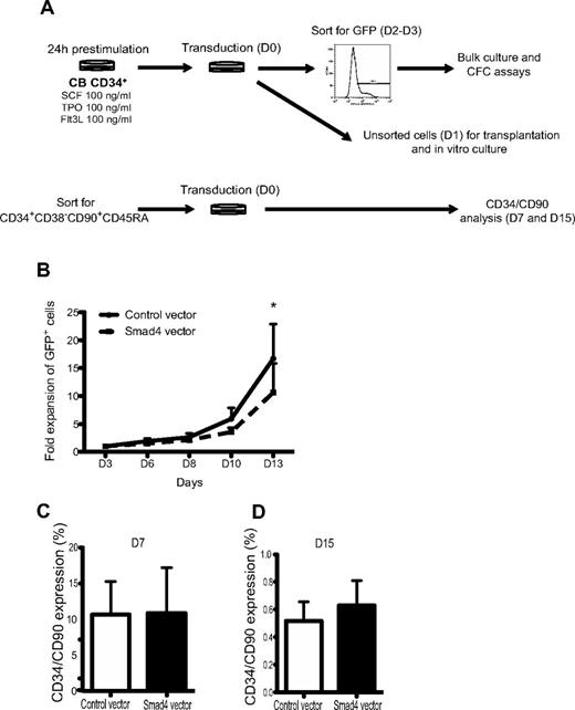 Figure 2. Decreased growth of GFP+ human CB cells in vitro. (A) Experimental outline. (B) Unsorted CD34+ CB cells were plated in serum-free media. At given time points, GFP percentages were analyzed by FACS, and cells were counted and passaged. Data represent fold increase in number of cells ± SEM (n = 3). *P = .05 (paired Student t test). (C) FACS analysis showing CD34/CD90 expression after 7 and 15 days (D) of culture.