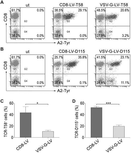 Figure 3. Efficient TCR gene delivery by CD8-LV. Activated human PBMCs were left untransduced (ut) or transduced by CD8-LV or VSV-G-LV harboring either the TCR-T58 (A), or the TCR-D115 transgene (B) at an MOI of 2. Transduced PBMCs were analyzed after 7 days for TCR expression using HLA-A2-Tyr multimer staining. Percentages of CD8+/multimer+ cells are displayed in the upper right gate. (C-D) Purified human CD8+ T cells were activated for 3 days and transduced by CD8-LV or VSV-G-LV at an MOI of 2. Seven days later, percentages of TCR-T58+ (C) or TCR-D115+ cells (D) were determined by flow cytometry. Results are expressed as mean ± SEM (n = 3; *P < .05; ***P < .001).