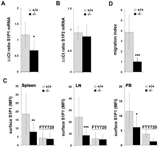 Figure 3. Defective S1P1 expression in B cells from p66Shc−/− mice. (A-B) qRT-PCR analysis of S1P1 (A) or S1P2 (B) mRNA in purified splenic B cells from wild-type (+/+) or p66Shc−/− mice. The relative abundance of gene transcripts was determined on triplicate samples from at least 6 wild-type or p66Shc−/− mice using the ddCt method and is expressed as the normalized fold expression (mean ± SD). (C) Flow cytometric analysis of surface S1P1 on splenic, LN, or PB B cells (analysis on gated CD22+ cells) from wild-type (+/+) or p66Shc−/− mice. The data are expressed as the mean fluorescence intensity (MFI) ± SD (n ≥ 9 mice/group). Specificity controls for each experiment included a sample incubated with secondary Ab alone and a sample preincubated with FTY720 to induce receptor down-regulation. ***P < .001; **P < .01; and *P < .05 by Mann-Whitney rank-sum test. (D) Migration of purified splenic B cells from wild-type (+/+) or p66Shc−/− mice, measured after treatment for 3 hours with S1P (100nM). The data, obtained on duplicate samples from at least 3 independent experiments, are presented as the mean migration index ± SD (ie, the ratio of migrated cells in S1P-treated samples vs untreated samples). ***P < .001.