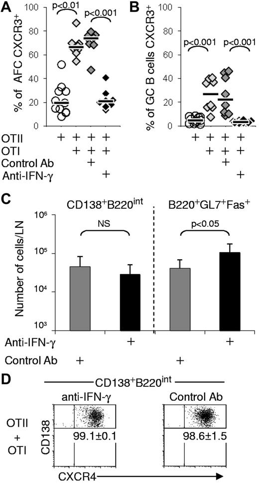 Figure 2. CXCR3 expression on AFCs and GC B cells by responding CD8 T cells is induced by IFN-γ. Chimeras were constructed by transfer of OTII or both OTI and OTII cells in C57Bl/6 recipients and were immunized with alumOVA in the footpads 1 day later. Neutralizing anti–IFN-γ antibody or isotype control antibody was given to 2 groups of OTI and OTII chimeras at the time of immunization and 3 days later. Seven days after immunization, the percentage of CXCR3+ cells in the draining LN was assessed by flow cytometry for: (A) CD138+B220int AFC or (B) B220+GL7+Fas+ GC B cells. (C) The geometric mean ± SD of CD138+B220int AFC or B220+GL7+Fas+ CG B cells per popliteal LN in the different types of chimeras is shown. Data are derived from 2 independent experiments with a total of 7 or 8 mice per groups. The significance of differences is assessed by 2-tailed Mann-Whitney nonparametric statistics. NS indicates not significant. (D) Numbers on dot plots indicate the percentage of AFCs expressing CXCR4 ± SD for the groups of immunized WT chimeras that had received OTII + OTI cells and were treated with anti–IFN-γ neutralizing antibody or control antibody. The significance of differences between groups is assessed by 2-tailed Mann-Whitney nonparametric statistics.