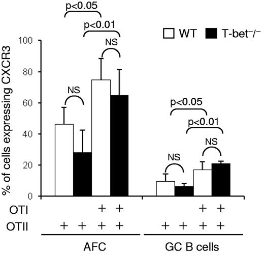 Figure 5. T-bet deficiency in innate cells and nonresponding lymphocytes does not prevent CXCR3 induction in T-bet–sufficient B cells. Chimeras were constructed by transfer of CD45.1+ NP-specific B1.8hi B cells and OTII cells or both OTI + OTII cells either into CD45.2+ WT C57BL/6 or congenic T-bet−/− mice. The chimeras were immunized in both footpads with alumNP-OVA, and 7 days later popliteal LN cell suspensions were prepared as in Figure 1. The percentage of CXCR3+ B1.8hi AFCs (CD138+B220intCD45.1+ cells) and GC B cells (B220+GL7+Fas+ cells) in these suspensions was assessed by flow cytometry. The bar chart represents the mean ± SD (percentage) B1.8hi cells that were CXCR3+. Open bars represent data from WT recipients; and closed bars, data from T-bet−/− recipients. Data are derived from 2 independent experiments with a total of 6 mice in each group. The significance of differences are assessed by 2-tailed Mann-Whitney nonparametric statistics. NS indicates not significant.