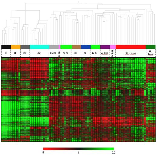 Figure 1. Unsupervised hierarchical clustering of normal and neoplastic B-cell samples. The dendrogram (top part) is based on the expression pattern of the 2000 probe sets (corresponding to 1535 named genes) varying the most across the dataset (and thus being the most informative); their expression pattern is depicted in the clustered heat map and color bar below (bottom part). Very similar results were obtained when using a higher or lower number of highly variant probe sets or when the clustering was restricted to the primary tumors and corresponding most variant probe sets (ie, excluding the influence of normal B cells and HL lines; not shown). In addition, the coclustering of cHL with NLPHL and of PMBL with the non-HLs was consistently observed even when restricting the analysis only to cHL, NLPHL, and PMBL or only to cHL, NLPHL, PMBL, and DLBCL (not shown). The HL line cluster is formed, from left to right, by DEV (nLPHL), HDLM2 (T-cell cHL), KMH2, L1236, and L428 (B-cell cHL). N indicates naive B cells; M, memory B cells; and PC, plasma cells.