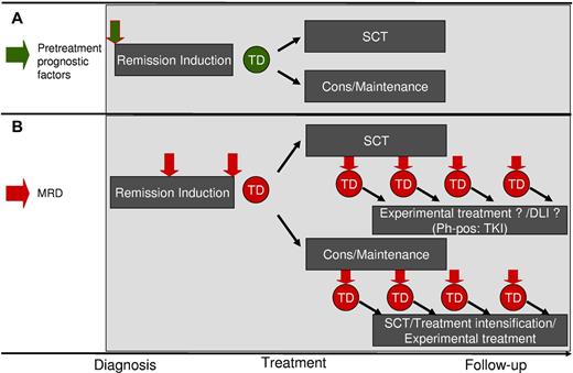 Figure 2. Prospective therapeutic shifts according to conventional pretreatment stratification criteria and MRD. (A) Potential treatment decisions based on pretreatment factors. (B) Potential treatment decisions based on MRD. Cons indicates consolidation; DLI, donor lymphocyte infusion; and TD, treatment decision.