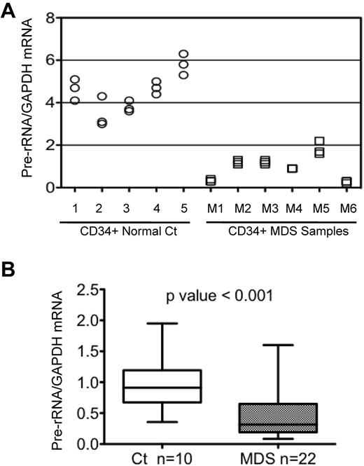 Figure 1. Pre-rRNA expression in CD34+ cells from healthy and MDS BM. (A) Levels of pre-rRNA expression were determined in CD34+ cells from 5 healthy controls (circles) and 6 MDS patients (squares) in a single representative experiment. GAPDH was used as the internal control and samples were run in triplicate. (B) Cumulative data showing levels of pre-rRNA in CD34+ cells from 10 healthy control and 22 MDS samples. GAPDH was used as the internal control. The ends of the whiskers represent minimum and maximum values and the bar indicates the median value (50th percentile). Significance was determined using the Mann-Whitney test.