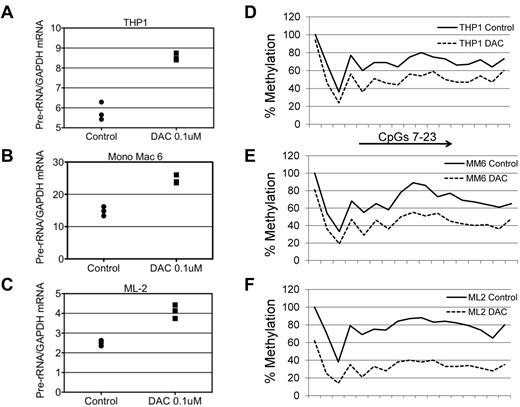 Figure 6. Effect of DAC on rRNA expression and rDNA promoter methylation in myeloid leukemia cell lines. (A-C) THP1, Mono Mac 6, and ML2 cells were treated with DMSO or 0.1μM DAC for 3 days. The level of expression of pre-rRNA is shown relative to that in DMSO-treated cells. GAPDH was used as an internal control and the samples were run in triplicate. (D-F) The cells were treated with DMSO or 0.1μM DAC for 3 days and the extent of CpG methylation was determined by pyrosequencing at CpGs 7-23 spanning the rDNA upstream core element and the core promoter.