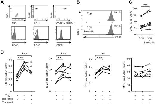 Figure 5. Basophils amplify cytokine IL-17, IL-22, and IFN-γ release in a contact-independent manner. (A) Expression of costimulatory molecules on purified basophils (CD1c-FcϵRIhighSIRP-αlow); filled histogram represents staining with isotype-matched control mAb. Data from 1 representative experiment of 5 are shown. (B) TEM were labeled with CFSE and cocultured in the presence of IL-2 plus IL-3 with or without basophils. After 5 days, cell proliferation was assessed by CFSE cell dilution. Data from 1 representative experiment of 4 are shown. (C-D) TEM were cocultured with or without autologous (white symbols) or allogeneic (black symbols) basophils (at a 5:1 ratio) in the presence of IL-3 and IL-2. After 4-5 days, cells were restimulated with PMA ionomycin for 6 hours. (C) Mean fluorescence intensity (MFI) of IL-17 expression in IL-17+CD2+FcϵRI− cells. (D) TEM were separated or not from basophils using a Transwell insert. IL-17, IL-22, IFN-γ, and TNF-α secretion were measured with ELISA. *P < .05; **P < .01; ***P < .001.