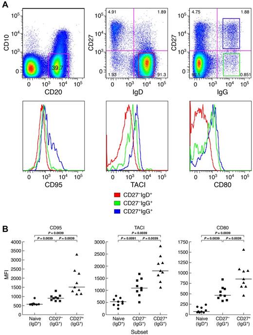 Figure 3. Distinct profiles of activation marker expression on memory CD27−IgG+ B cells of CGD patients. (A) Representative and (B) comparisons of mean fluorescence intensity (MFI) profiles of expression for activation markers CD80, TACI, and CD95 were obtained from PBMCs of 9 CGD patients. Only persons with very low frequencies of CD21lo B cells were included. Gating on CD20+/CD10− cells established the B-cell population, and expression of IgD, IgG, and CD27 was used to establish naive (IgD+CD27−), as well as IgG+ CD27− and CD27+ memory B cells. Horizontal bars represent medians.