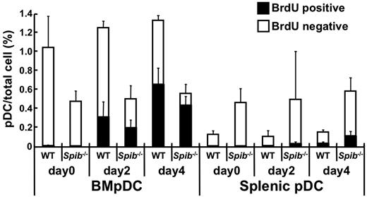 Figure 6. The kinetics of BrdU labeling in WT and Spi-B–deficient pDCs. Mice were injected intraperitoneally at day 0 with BrdU and given BrdU continuously in the drinking water. At the indicated days, BM and spleen cells were analyzed for BrdU incorporation. The percentages of CD19−CD11c+B220+BST2+ cells (ie, pDCs) among total cells are shown. BrdU+ and BrdU− cells among the pDCs are indicated by black and white columns, respectively (4 mice at each time point, means ± SD). Each symbol represents the data from one mouse and the bars indicate the mean. **P < .01.