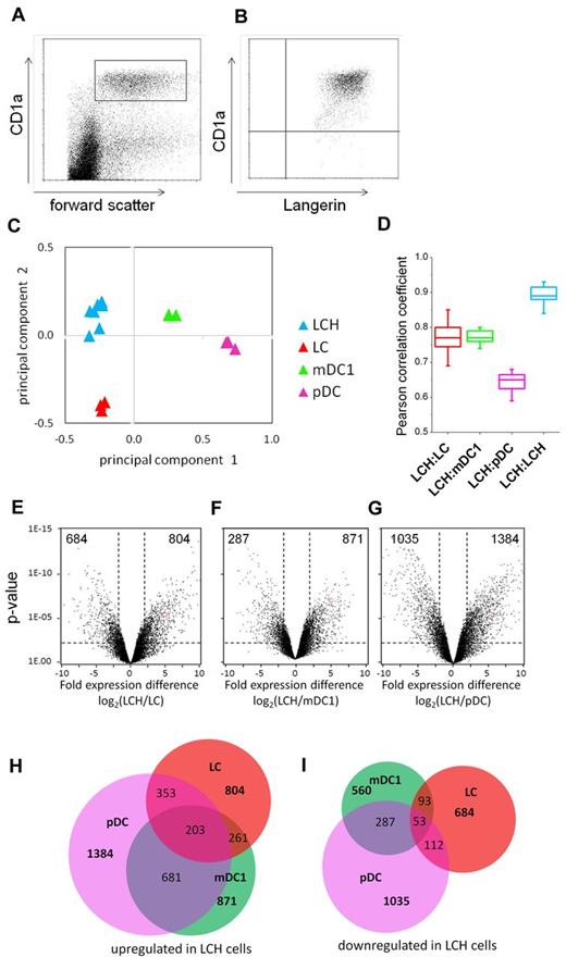 Figure 1. LCH cells form a distinct entity among indigenous human DCs. (A-B) LCH cell purification. Cell suspensions obtained from LCH biopsies carried out at the time of diagnosis contain a high number of LCH cells identified by CD1a expression and forward scatter properties. LCH cells were sorted to > 95% purity and reanalyzed for CD1a and Langerin expression. (C) Principal component analysis of LCH cells and 3 indigenous DC subsets. LCs and mDC1s cells are approximately equidistant from LCH cells, although in different axes (dimensions) of the gene space (ie, different gene sets separate LCH from LCs and mDCs). Each DC subset sample is presented by a triangle. LCs, mDC1s, and pDCs (n = 3 for each subset) were isolated from healthy subjects; LCH cells (n = 8) were isolated as shown in panel A. Because of superimpositions, not all symbols can be optically discerned in the displayed figure. (D) Similarity of LCH cells to indigenous DCs. Mean Pearson correlation coefficients of each replicate of LCs, mDC1s, pDCs, and LCH cells versus each replicate of LCH cells are depicted. Correlation coefficients are the highest among LCH samples, followed by mDC1s and LCs, indicating the highest similarity among LCH samples followed by virtually equal similarity of LCH cells to mDC1s and LCs. Results are shown as box plots displaying the medians and 25th and 75th percentiles as boxes and outliers as whiskers. (E-G) Identification of LCH transcripts selectively regulated compared with individual indigenous DC subsets. Volcano plot analysis (−log10-transformed P values from a moderated t test statistic vs log2-fold change of all genes) of gene-expression differences between LCH cells and LCs (E), mDC1s (F), and PDCs (G). Fold change and P value thresholds are indicated by dashed lines. Transcript highlighted by red circles is JAG2. Numbers in boxed areas indicate the number of transcripts. (H-I) Identification of LCH unique transcriptional profile: Venn diagram (Euler diagram) of significantly regulated (log-fold change > 2, P value adjusted for multiple testing < .05) genes comparing LCH with LCs, pDCs, and mDC1s. The relative sizes of circles indicate the relative sizes of gene sets. The overlapping areas of circles indicate the number of genes that are shared by 2 or more DC lineages. Among the regulated genes, 203 were up-regulated and 53 were down-regulated in all 3 DC lineages compared with LCH cells.
