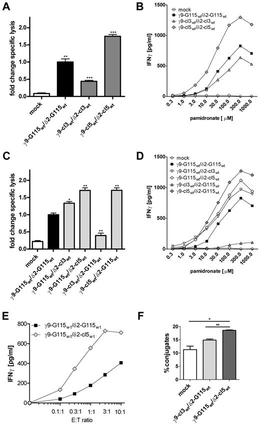 Figure 1. Antitumor reactivity mediated by γ9δ2TCRs. Peripheral blood T cells were virally transduced with indicated wild-type γ9δ2TCRs or CTE-engineered γ9δ2TCRs and tested against Daudi (A,C) in a 51Cr-release assay (E:T, 3:1). Specific lysis is indicated as the fold change 51Cr-release measured in the supernatant after 5 hours compared with reactivity of γ9-G115wt/δ2-G115wt-engineered T cells (B,D) in an IFNγ ELISA in the presence of indicated amounts of pamidronate or (E) different E:T ratios. (F) Percentages of cell-cell conjugates of Daudi and T cells engineered with indicated γ9δ2TCR were determined by flow cytometry. Data represent the means ± SD. *P < .05; **P < .01; and ***P < .001 by 1-way ANOVA.