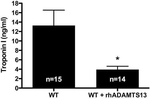 Figure 2. Troponin-I levels after transient LAD occlusion are decreased in mice treated with rhADAMTS13. After 1 hour of LAD occlusion followed by 23 hours of reperfusion, plasma was collected from WT mice and WT mice treated with rhADAMTS13. In these plasma samples, troponin-I levels were determined as measure for cardiac injury (*P < .05).