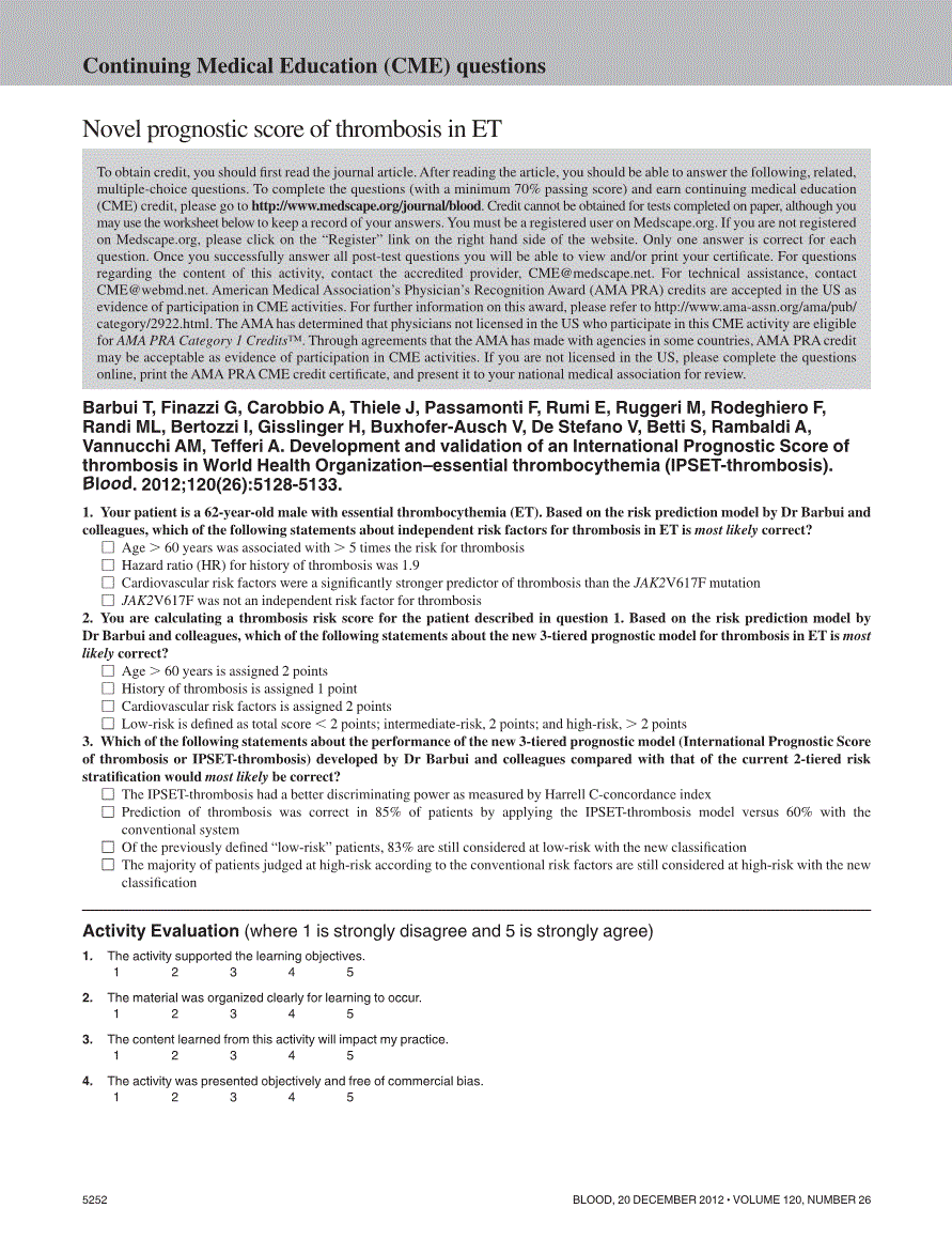 First page of Continuing Medical Education (CME) questions: novel prognostic score of thrombosis in ET