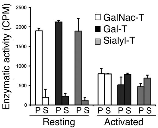Figure 4. Activated platelets release soluble glycosyltransferases. GalNAc-, Gal-, and sialyltransferase activities in ultracentrifuged supernatant (S) from TRAP-activated platelets and detergent lysates of resting platelets (P). Glycosyltransferase activities were measured using C14-labeled donor sugars and enzyme-specific acceptor substrates (n = 3-4).