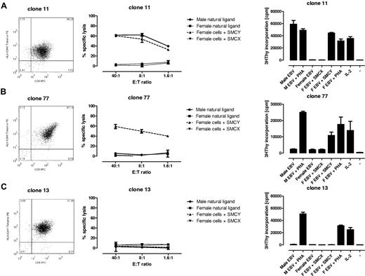 Figure 2. Tetramer staining and functional analyses of HY-specific T-cell clones. Three representative examples of tetramer staining by FACS, cytotoxicity, and proliferation of the T-cell clones isolated. (A) HYA2 tetramerpos T-cell clone lysed the male natural ligand (Male EBV) and HY peptide (SMCY) pulsed female EBV-LCL (F EBV) at different E:T ratios. The CTL clone proliferates on this stimulation measured by 3H thymidine incorporation. (B) Recognition of the HY peptide-pulsed female EBV-LCL only. (C) HYA2tetramerpos T-cell clone without HY-specific recognition. Note that none of the clones lysed the unloaded female EBV-LCL or HLA-A2/HX (SMCX) peptide-pulsed female EBV-LCL, but did proliferate on aspecific stimulation with 1% PHA or 25 U/mL IL-2.