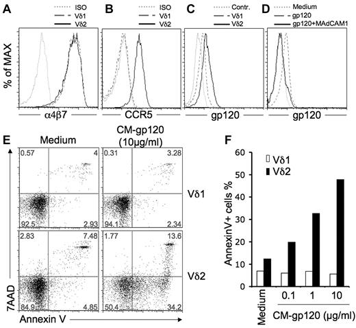 Figure 1. HIV envelope binding to α4β7 does not generate a death signal in γδ T cells. (A) Vδ1 or Vδ2 T cells express similar levels of a α4β7 integrin. Cells were stained with primary mouse anti–human α4β7 antibody (NIH AIDS Research and Reference Reagent Program, Division of AIDS, NIAID, NIH: α4β7 monoclonal antibody from Dr A. A. Ansari; clone Act-1), then washed and stained with a secondary APC-conjugated rat anti–mouse antibody (BD Biosciences; clone X56). (B) Vδ1 T cells do not express CCR5. Cells were stained with PE-conjugated antibodies for CCR5 (BD Biosciences; clone 2d7) and isotype control, then analyzed by flow cytometry. (C) Vδ1 and Vδ2 T cells bind HIV gp120. Cells were stained with the fluorescein-conjugated HIV gp120 (YU2; Immno Diagnostics) in medium. (D) gp120 binding to Vδ1 T cells was blocked by the α4β7 ligand MAdCAM1. Cells were incubated with or without MAdCAM1 (20 μg/mL; R&D Systems), for 1 hour before staining with fluorescein-conjugated HIV gp120 (YU2). (E) CM-gp120 induces annexin V expression on Vδ2 but not Vδ1 cells. Cells were incubated with or without soluble HIV gp120 glycoprotein (CM strain; 10 μg/mL; NIH AIDS Research and Reference Reagent Program; and HIV-1 gp120 CM envelope protein from Protein Sciences Corp) for 24 hours, then stained with annexin V (BD Biosciences) and 7-aminoactinomycin-D (BD Biosciences). Data are representative of 3 independent experiments. (F) CM-gp120 induced annexin V expression and cell death only in CCR5+ Vδ2 cells.