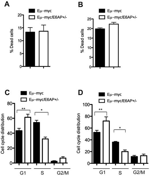 Figure 4. Growth arrest but not increased cell death is evident in lymphoma cells and premalignant B-lymphoid cells from Eμ-myc/E6AP+/− mice. (A) Spontaneous death of Eμ-myc/E6AP+/− and control (E6AP+/+) Eμ-myc lymphoma cells was assayed by staining with PI followed by FACS analysis (n = 10/genotype). Values represent means ± SD. (B) Spontaneous death of BM derived premalignant B-lymphoid cells from 4-week-old Eμ-myc/E6AP+/− and control (E6AP+/+) Eμ-myc mice was assayed by staining with PI followed by FACS analysis (n = 3/genotype). Values represent mean ± SD. (C) Cell-cycle analysis of Eμ-myc/E6AP+/− and control (E6AP+/+) Eμ-myc lymphoma cells showing percentages of cells in each of the phases of cell cycle (n = 10/genotype; *P < .001, **P < .01). Values represent mean ± SD. (D) Cell-cycle analysis of BM derived premalignant B-lymphoid cells of 4-week-old Eμ-myc/E6AP+/− and control (E6AP+/+) Eμ-myc mice was performed by staining with PI, showing percentages of cells in each of the phases of cell cycle (n = 3/genotype; *P < .001; **P < .01). Values represent mean ± SD.