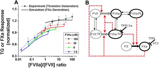 Figure 2. The concentration ratio of rFVIIa to FVII regulates thrombin and FXa-generation responses to rFVIIa. (A) Comparison of experimental TG peak height data (dotted lines, n = 8) and FXa-generation model simulations (lines). Simulation output is the integral of FXa generation (total FXa generation after 40 minutes) and is proportional to TG peak heights (supplemental Figure 6B). Activation was with 1pM TF (Innovin). Experimental data are normalized to an internal control (signal at 6nM rFVIIa without FVII) to reduce effects of variability on dose-dependent curves. (B) The reactions modeled in our FXa-generation theoretical simulations. These reactions are the minimum set needed to predict our TG experimental data.
