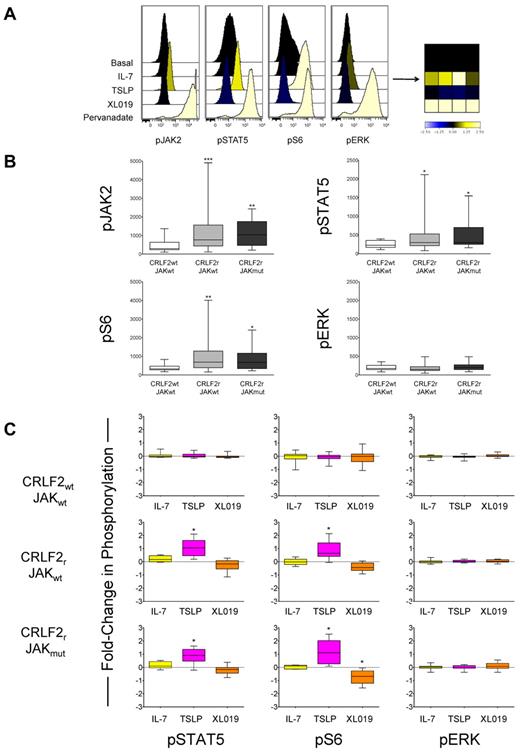 Figure 2. Constitutive and TSLP-inducible JAK/STAT and PI3K/mTOR signaling occurs in CRLF2r ALL. (A) Stimulation of MUTZ5 cells with IL-7 had no effect on JAK2, STAT5, S6, or ERK phosphorylation, as measured by phosphoflow cytometry. Stimulation with TSLP induced phosphorylation of pJAK2, pSTAT5, pS6, and, to a lesser extent, pERK. The JAK2-specific inhibitor XL019 inhibited pSTAT5 and pS6. Pervanadate was used as a positive control for measurement of maximal phosphorylation. Individual histograms are also displayed as a heat map for ease of comprehensive data visualization. Data were normalized to the basal phosphorylation level of each protein for colorimetric depiction of signaling changes. Blue indicates inhibition, and yellow is stimulation. (B) Basal levels of phosphorylation of JAK2, STAT5, S6, and ERK in primary CRLF2wt JAKwt (white bars, n = 27), CRLF2r JAKwt (light gray bars, n = 29), and CRLF2r JAKmut (dark gray bars, n = 14) were measured by phosphoflow cytometry, and median fluorescent intensity was calculated for each phosphoprotein. Data are displayed as whisker plots of 25th to 75th percentiles with means (central bars) and ranges (whiskers). PJAK2, pSTAT5, and pS6 were significantly elevated in the CRLF2r JAKwt and CRLF2r JAKmut samples in comparison with levels of the CRLF2wt JAKwt samples. ***P < .0005, **P < .005, *P < .05. Non-CRLF2–rearranged JAK wild-type = CRLF2wt JAKwt, CRLF2-rearranged JAK wild-type = CRLF2r JAKwt, CRLF2-rearranged JAK mutant = CRLF2r JAKmut. (C) Phosphoflow cytometry analysis of 41 primary human ALL samples without and with CRLF2 alterations and JAK mutations. Data are displayed as whisker plots of 25th to 75th percentiles with means (central bars) and ranges (whiskers). The dashed horizontal line represents normalized basal phosphorylation for each phosphoprotein. Stimulation with IL-7 (yellow bars) had no effect on phosphorylation in CRLF2wt JAKwt (n = 17), CRLF2r JAKwt (n = 12), or CRLF2r JAKmut (n = 12) ALL samples. TSLP stimulation (pink bars) induced pSTAT5 and pS6 in the CRLF2r samples regardless of concomitant JAK mutations (P < .05), but had no effect on CRLF2wt samples. XL019 (orange bars) inhibited phosphorylation below basal levels only for pS6 in the CRLF2r JAKmut subset (P = .013). Unlike in MUTZ5 cells, TSLP stimulation did not induce pERK significantly in these samples. *P < .05.