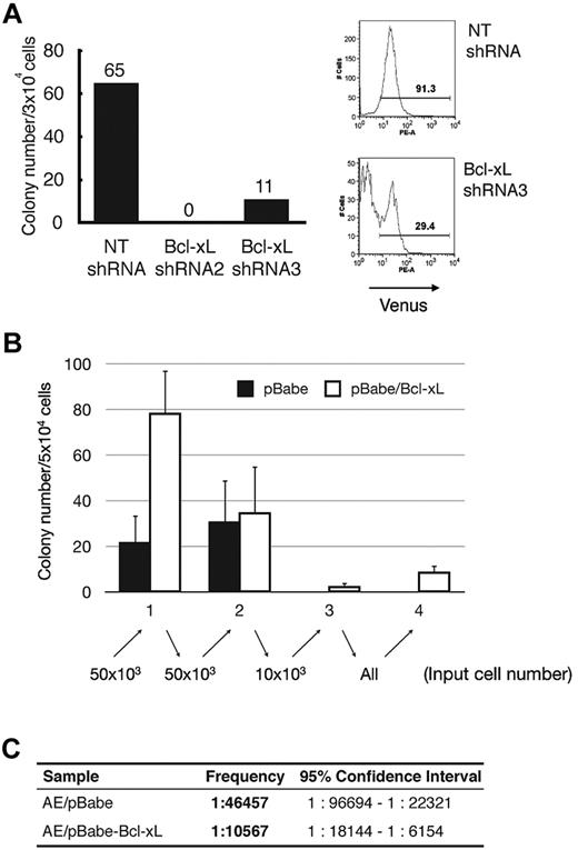 Figure 2. THPO/MPL/Bcl-xL signaling is critical for primitive AE cells. (A) shRNA-expressing lentivirus transduced AE cells were sorted at day 3, followed by plating in methylcellulose media. Colony numbers were scored after 14 days. Data shown indicates 1 representative experiment with initial seeding of 3 × 104 cells. After colony counting, cells were collected and the percentage of transduced cells (Venus+ cells) was determined by flow cytometry. The experiment was repeated 3 additional times with consistent results. (B) CD34-selected cells were plated in methylcellulose media in the absence of THPO. Colony numbers were scored after 14 days under a light microscope. Cells were then collected and replated with indicated input cell numbers. One representative experiment is shown. Results were confirmed in 3 additional AE clones. Data represents mean ± SD (n = 3; *P < .05). (C) CD34-selected cells were cocultured with MS5 in 96-well plates at the densities of 3000, 10 000, and 30 000 cells per well in 10 replicates. After 5 weeks, methylcellulose media containing THPO was added to each well, which was then scored for the absence or presence of colonies after 14 days. L-Calc software was used to calculate LTC-IC frequency.