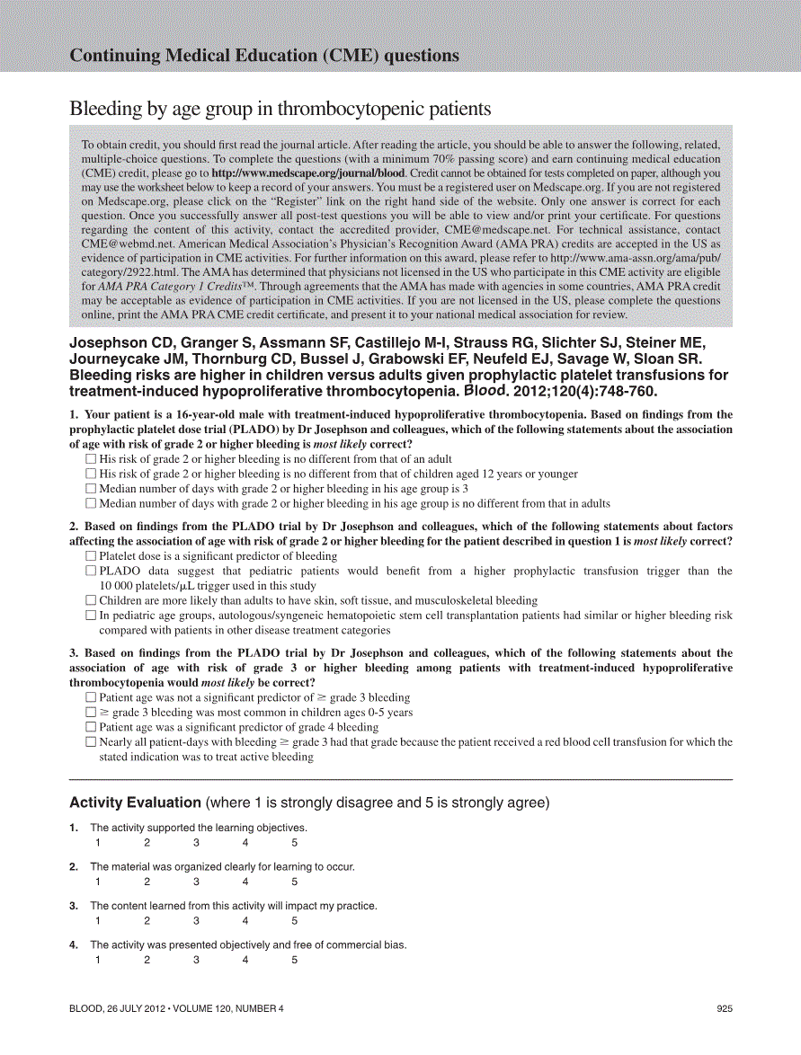 First page of Continuing Medical Education (CME) questions: bleeding by age group in thrombocytopenic patients