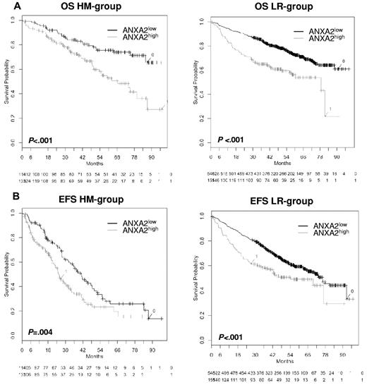 Figure 3. Effect of ANXA2 expression on EFS and OS. OS (A) and EFS (B) for our patients (HM group; n = 247) and the LR group (n = 701). All patients were treated with high-dose chemotherapy and autologous stem cell transplantation. Two groups of patients with low (ANXA2low, black curve) and high (ANXA2high, gray curve) ANXA2 expression could be delineated. The OS was significantly superior for low ANXA2 expression (HM group, P < .001 and LR group, P < .001). The same held true for EFS in the HM group (P = .004) and the LR group (P < .001).