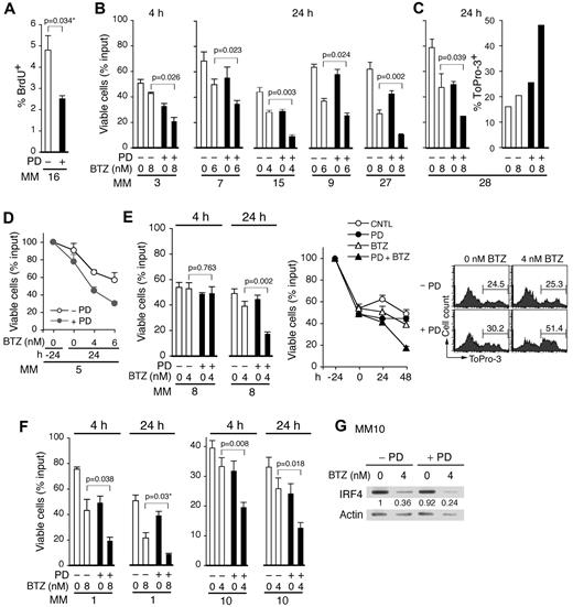 Figure 6. CDK4/CDK6 inhibition accelerates G1 arrest and enhances bortezomib killing of primary myeloma cells. Primary CD138+ BM myeloma cells isolated from individual patients (MM, referred to by the number at the bottom of each graph) were pretreated with 0.5μM PD for 4 or 24 hours in the HS-5 BMSC coculture before addition of BTZ and cultured for an additional 24 hours unless otherwise indicated. (A) BrdU uptake in MM cells treated with PD for 16 hours, with BrdU presented in the last 13 hours. (B-D) Viability of MM cells after BTZ addition. (E) Viability of MM cells after culturing as indicated (left); immediately after isolation (−24), at 24 hours after incubation with PD (0), and at 24 and 48 hours after further incubation with BTZ (4nM) and PD (middle), and ToPro-3 analysis at 48 hours of BTZ treatment (right). (F) Viability after BTZ addition in MM cells pretreated with PD for time indicated. (G) Immunoblotting of IRF4 at 12 hours after BTZ addition in MM10 (as shown in panel F) with or without 24-hour PD pretreatment. Numbers indicate the relative level of IRF4 compared with cells left untreated by PD or BTZ and corrected for loading by the actin signal. Data represent mean ± SD in triplicate. P value was determined by 2-tailed or 1-tailed (*) t test.