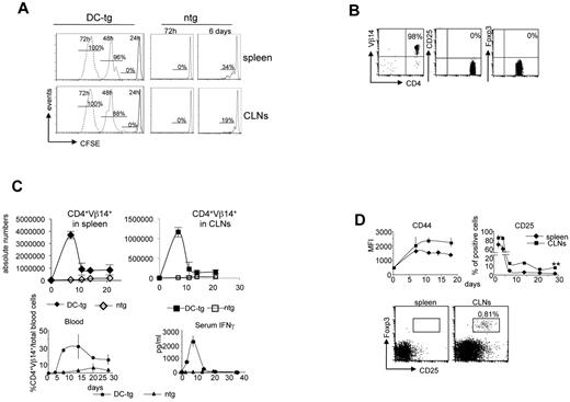 Figure 1. Generation of CD25+Foxp3+ 2a T cells in CLNs and not in the spleen. (A) Expansion of 2a T cells in the spleen and CLNs of DC-tg Rag2-deficient (DC-tg) or Rag2-deficient (ntg) mice at the indicated time points after transfer. The percentage of divided cells is shown. One representative experiment of 6 is shown. (B) Flow cytometry of CD25 and Foxp3 expression on 2a T cells before transfer. (C) Kinetics of 2a T-cell expansion in spleen, CLNs, and blood of DC-tg Rag2-deficient (DC-tg) or Rag2-deficient control mice (ntg) at the indicated time points after transfer. Bottom right panel: IFN-γ serum levels measured at the indicated days after transfer in DC-tg Rag2-deficient (DC-tg) or Rag2-deficient control mice (ntg). (D) Top panels: kinetics of CD44 and CD25 expression by 2a T cells in spleen and CLNs of DC-tg Rag2-deficient recipient mice at the indicated time points after transfer. Top panels: CD25 and Foxp3 expression by 2a T cells (CD4+Vβ14+ cells) in CLNs and spleen 3 weeks after transfer in DC-tg Rag2-deficient mice. (C-D) Data are mean ± SEM of 3 independent experiments performed using at least 3 mice per group. **P < .01.