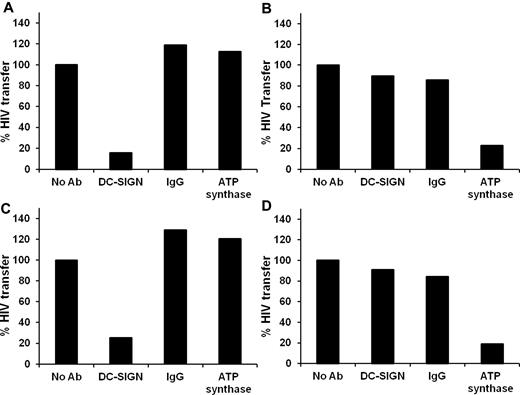 Figure 2. Anti-ATP synthase antibodies block APC-mediated transfer of HIV-1 at the cell-cell interaction step. APC-mediated HIV-1 transfer was carried out either with DC Raji cells (A-B) or with DCs (C-D). The indicated antibodies (20 μg/mL) were added either at the step of APC–HIV-1 interaction (A,C) or added at the step of incubation of the virus-primed APCs with target TZM cells (B,D). No Ab indicates no antibody added; IgG, nonimmune mouse IgG; DC-SIGN, anti–DC-SIGN; and anti-ATPsyn, anti-ATP synthase β-chain. All antibodies were at a concentration of 1.2 × 10−7M. Transfer activity was measured by viral infectivity given in luminescence arbitrary units. A total of 100% transfer activity was determined as the maximal activity obtained in the absence of added antibody (No Ab). Experiments were carried out at least 3 times, and bar graphs represent SEM of triplicate samples.