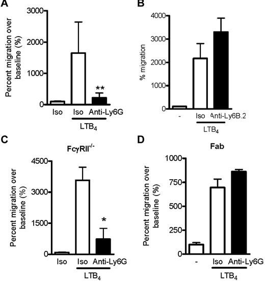Figure 4. Ly6G Ab 1A8 inhibits LTB4-induced neutrophil migration. (A) LTB4 induced-migration of CD45+Gr-1+CD11bhi neutrophils in B6 BM after isotype or anti-Ly6G preincubation (10 μg/mL for 10 minutes) expressed as the percentage of migration in the absence of chemoattractant. Data presented are from 4 independent experiments. (B) The isotype-matched binding control anti-Ly6B.2 (10 μg for 10 minutes) did not affect neutrophil migration toward LTB4. (C) Migration assay using BM deficient in FcγRII, demonstrating preserved inhibition of migration. (D) Effect of anti-Ly6G Fab fragments (10 μg/mL for 10 minutes) on neutrophil migration. In panels B-D, data are representative of 2 independent experiments with similar results. *P < .05; **P < .01.