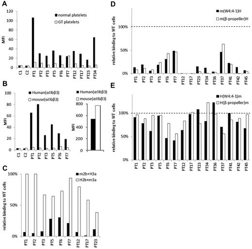 Figure 2. The epitopes of PA anti-αIIbβ3 Abs are mainly localized in the N-terminus of the β-propeller domain of αIIb. (A) Binding of PA Abs to normal (black) or αIIbβ3-deficient platelets (GT platelets; white). C1 and C2 show control eluates. (B) Binding of PA Abs to 293T cells that expressed human (black) or mouse αIIbβ3 (white; left). Expression levels of human and mouse αIIbβ3 were indicated in the right panel monitored by anti-CD61 Ab. (C) Relative binding of PA Abs to 293T cells that expressed mouse αIIb/human β3 (m2b/H3a; black) or human αIIb/mouse β3 (H2b/m3a; white) compared with human αIIbβ3-expressing cells. (D) Relative binding of PA Abs to 293T cells that expressed human αIIb replaced with whole β-propeller domain (white) or the N-terminus to W4:4-1 loop (black) of mouse αIIb with human β3. (E) Relative binding of PA Abs to 293T cells that expressed mouse αIIb replaced with whole β-propeller domain (white) or the N-terminus to W4:4-1 loop (black) of human αIIb with human β3. Shown were means of ≥ 2 independent experiments.