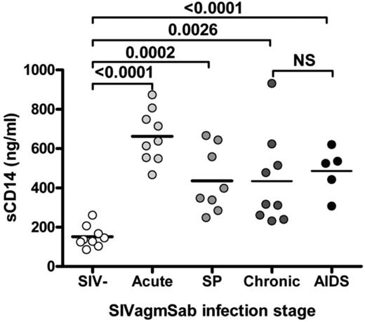 Figure 5. Significant increase of sCD163 levels during acute and chronic SIVagm infection in PTMs.