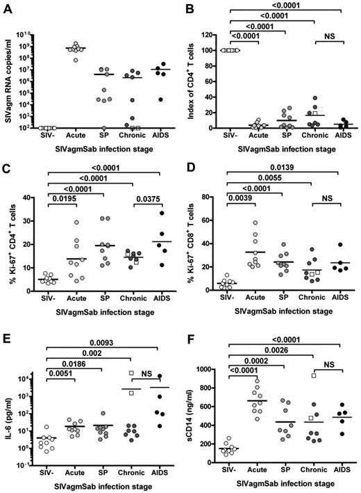 Figure 6. Dynamics of virologic and immunologic parameters of pathogenic SIVagm infection in PTMs. (A) Viral replication. (B) Mucosal CD4+ T cells. (C) Levels of immune activation (Ki-67) of CD4+ T cells. (D) Levels of immune activation (Ki-67) of CD8+ T cells. (E) Dynamics of inflammation as assessed by changes in the levels of IL-6. (F) Prospective assessment of microbial translocation based on testing of the surrogate marker sCD14. Two PTMs (□) died with peritonitis because of surgery complications. In these monkeys, the coagulation markers paralleled the levels of sepsis and inflammation and not viral replication, which was controlled. Index of CD4+ T cells is defined by the percentage of depletion from the baseline.