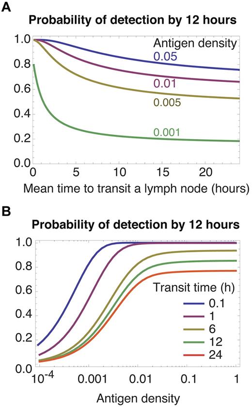 Figure 3. Restricting egress from an infected LN. The rate-limiting step is recruitment into the correct LN; thus rapid transit (A left-most region, B top curves) yields more efficient detection.