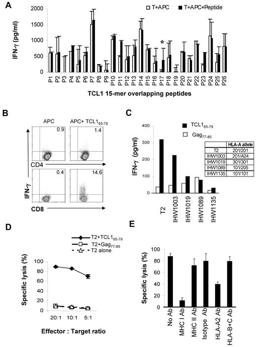Figure 3. TCL1-specific cytotoxic T cells can be generated from normal donors. (A) PBMCs from HLA-A2+ normal donors were stimulated with overlapping 15-mer peptides spanning the entire length of the TCL1 protein (supplemental Table 1). T cells from each condition were washed and incubated with autologous CD3-depleted PBMCs as antigen-presenting cells (APC) in the presence or absence of the corresponding peptide. After 18 hours, the production of IFN-γ was determined in the supernatants by ELISA. Representative data from one of 3 normal donors tested is shown. (B) T-cell lines generated from HLA-A2+ normal donors using TCL165-79 peptide were incubated with APC in the presence or absence of the TCL165-79 peptide or control HIV Gag77-85 peptide, and intracellular cytokine assay was performed. The percentage of CD4+ and CD8+ T cells producing IFN-γ are shown. (C) TCL165-79 peptide-specific T cells were incubated with T2 cells or EBV-transformed B lymphoblastoid cell lines (IHW1003, IHW1019, IHW1089, and IHW1135) mismatched at their MHC class I locus in the presence of the TCL165-79 peptide or control HIV Gag77-85 peptide. IFN-γ production was determined as in panel A. The HLA-A alleles for each of the cell lines are shown. (D,E) A 4-hour 51Cr-release cytotoxicity assay was performed. TCL165-79 peptide-specific T cells were incubated with T2 cells alone or T2 cells pulsed with TCL165-79 peptide or control HIV Gag77-85 peptide, at various effector:target ratios. For MHC blocking assay, an effector: target ratio of 20:1 was used in the presence or absence of isotype control antibody or blocking antibodies (10 μg/mL for each antibody) against MHC class I, MHC class II, HLA-A2, or HLA-B and -C. All cytotoxicity assays were performed in triplicate wells, and mean and standard deviation are shown.