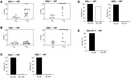 Figure 6. Bleeding time and thromboembolism in ERα, ERβ, or ERα AF-10 hematopoietic chimeric mice. (A) Tail-bleeding times of control mice (WT) engrafted with normal bone marrow (ERα+/+ and ERβ+/+) and treated or not with E2. (B) Tail-bleeding times of ERα−/− and ERβ−/− bone marrow chimeras treated or not with E2. (C) Mice engrafted with normal bone marrow or (D) with bone marrow from ERα−/− or ERβ−/− mice were treated or not with E2 and thromboembolism assays were performed as in Figure 5. Fourteen of 15 mice engrafted with ERα−/− bone marrow died whereas all (7 of 7) mice engrafted with ERβ−/− survived. (E) Thromboembolism assays were performed in mice engrafted with ERα AF-10 bone marrow and treated or not with E2. All non-E2–treated mice (8 of 8) died, whereas all E2-treated mice (9 of 9) survived.