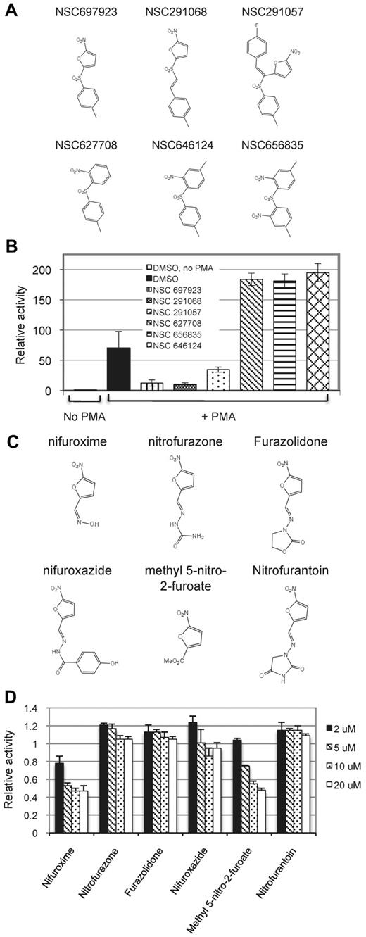 Figure 2. Effect of NSC697923 related compounds on NF-κB activation induced by PMA. (A) Structures of the tested NSC697923 analogs. (B) 293T–NF-luc cells were pretreated with the indicated compounds (2μM) or DMSO (0.2%) for 1 hour. The cells were then stimulated with PMA for 20 hours or left untreated as indicated. Shown are the relative luciferase activities, which were normalized to GFP reading (mean ± SD; n = 4). The luciferase activity of the unstimulated samples was set at 1. (C) Structures of the tested nitrofuran-containing compounds. (D) 293T–NF-luc cells were pretreated with DMSO (0.02%) or various nitrofuran-containing compounds at the indicated concentrations for 1 hour and then stimulated with PMA for 6 hours. The means of the luciferase activities relative to the DMSO pretreated (control) samples from the triplicates are shown.