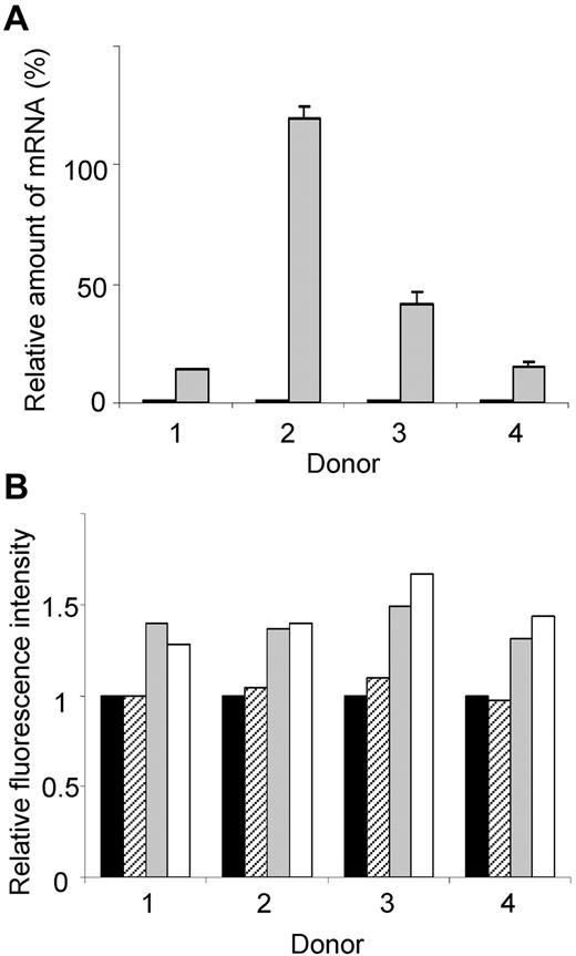 Figure 6. Elevated KLF13 expression correlates with increased RANTES expression in resting T lymphocytes. (A) PBMCs from 4 donors were treated for 16 hours with (gray) or without (black) CMA (1 μg/mL), and RANTES mRNA levels were determined by real-time quantitative PCR. (B) PBMCs from 4 donors were treated with CMA for 16 hours, and RANTES expression was determined by intracellular staining and flow cytometry. Mean fluorescence is expressed relative to expression in cells cultured in medium alone (black bar). RANTES expression in CD56+ NK cells (hatched bars), CD56+CD3+ NK T cells (gray bars), and CD3+ T cells (open bars) is shown. Data are mean ± SD.
