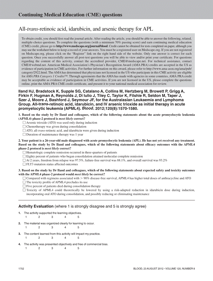 First page of Continuing Medical Education (CME) questions: all-<italic>trans</italic>-retinoic acid, idarubicin, and arsenic therapy for APL