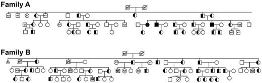 Figure 3. Cosegregation of FAM38A gene mutations with HX phenotype. The FAM38A gene mutations detected by exome sequencing in affected HX persons cosegregated with disease phenotype in all affected persons in both kindreds. Family A indicates New York pedigree. As predicted by clinical, genetic, and biochemical studies, the parents and affected HX persons are heterozygous for the FAM38A mutation and persons III-14, III-15, and III-21 are homozygous for the FAM38A mutation. Family B indicates Canadian pedigree. Inheritance of the FAM38A mutation is heterozygous. “NT” in the symbols indicates persons who were “not tested” and clinical, laboratory, biochemical, and genetic data are not available.