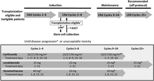 Figure 1. Study design and treatment schema. *Assessment on days 1 and 15 of cycle 1 and day 1 of each subsequent cycle using modified IMWG Uniform Criteria with the addition of nCR. †Patients achieving a PR after cycle 4 underwent SCC and then continued CRd with the option to proceed to ASCT. ‡Initial dose of 20 mg/m2 during cycle 1 days 1-2 for all patients regardless of dose cohort. §At the discretion of the investigator, patients could receive 4 mg of dexamethasone orally or intravenously on days 2, 9, and 16 (cycles 1 and 2) before the infusion of carfilzomib if signs of tumor flare-up were present. ¶Or the last tolerated dose. ASCT indicates autologous stem cell transplantation; CRd, carfilzomib, lenalidomide, dexamethasone; LEN, lenalidomide monotherapy; and PR, partial response.